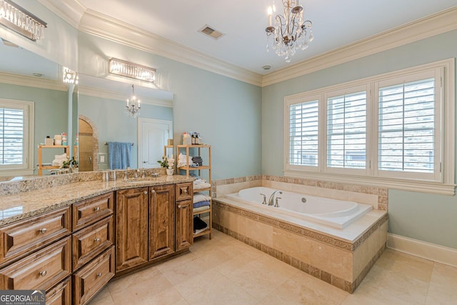 1829 Buckhead Valley Ln NE, Atlanta, GA 30324 - full bath with vanity, crown molding, visible vents, a notable chandelier, and a bath