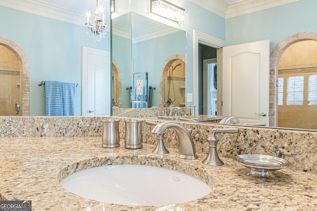 1829 Buckhead Valley Ln NE, Atlanta, GA 30324 - full bath with double vanity, a tile shower, ornamental molding, and a sink