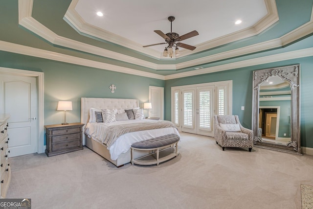 1829 Buckhead Valley Ln NE, Atlanta, GA 30324 - carpeted bedroom with crown molding, french doors, a raised ceiling, access to exterior, and a ceiling fan
