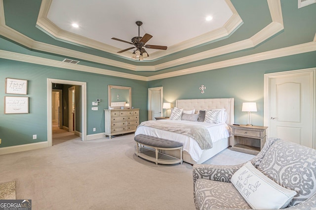 1829 Buckhead Valley Ln NE, Atlanta, GA 30324 - bedroom featuring carpet flooring, a raised ceiling, baseboards, visible vents, and ornamental molding