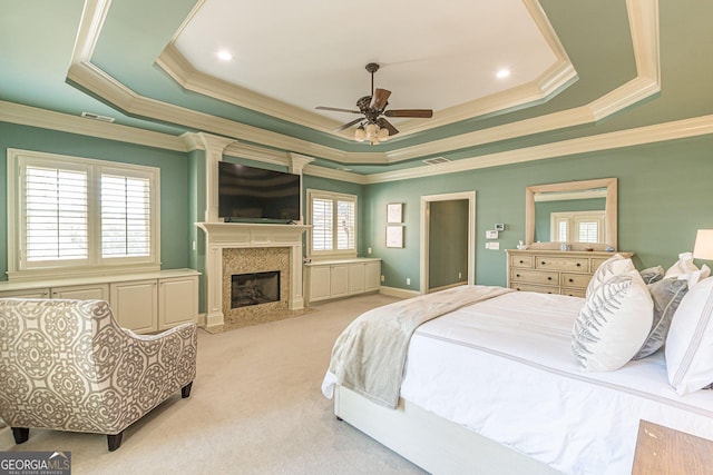 1829 Buckhead Valley Ln NE, Atlanta, GA 30324 - bedroom featuring a tray ceiling, visible vents, a premium fireplace, and carpet