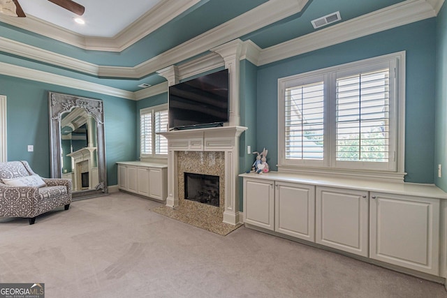 1829 Buckhead Valley Ln NE, Atlanta, GA 30324 - interior space with light colored carpet, a raised ceiling, a premium fireplace, and visible vents