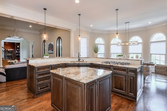 kitchen featuring a large island, dark hardwood / wood-style floors, and pendant lighting