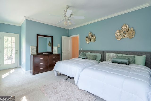 carpeted bedroom featuring ceiling fan, crown molding, and access to exterior