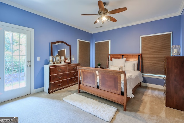 carpeted bedroom featuring ceiling fan, access to outside, and crown molding