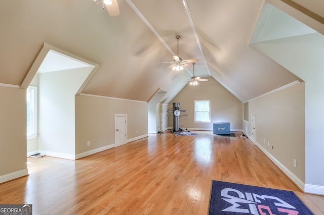 bonus room with light hardwood / wood-style flooring, ceiling fan, and vaulted ceiling