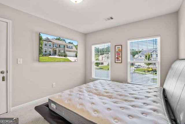 bedroom with carpet, visible vents, and baseboards