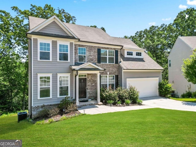 view of front of property with brick siding, concrete driveway, an attached garage, a front yard, and cooling unit