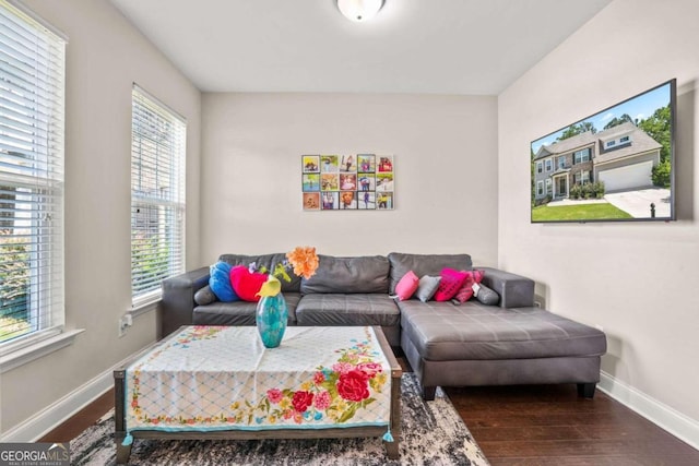 living area with baseboards and dark wood-style flooring