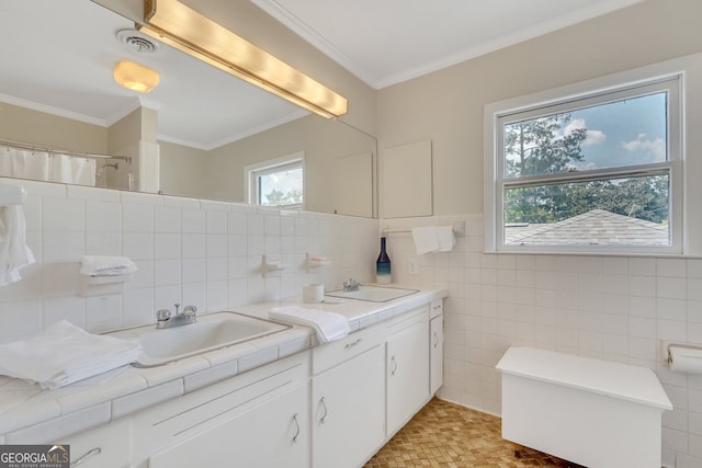 bathroom featuring tile patterned floors, tasteful backsplash, tile walls, and double sink vanity