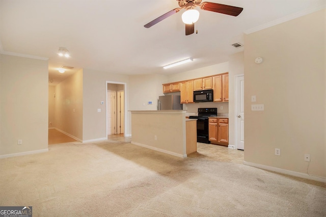 kitchen with open floor plan, black appliances, light carpet, and light countertops