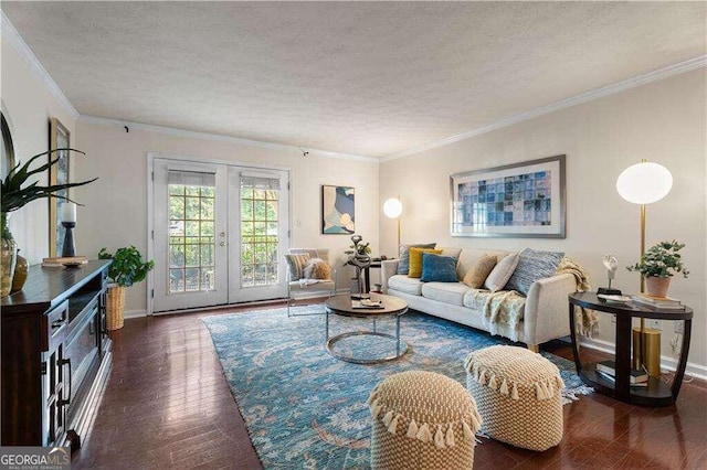 living room featuring french doors, dark hardwood / wood-style flooring, ornamental molding, and a textured ceiling