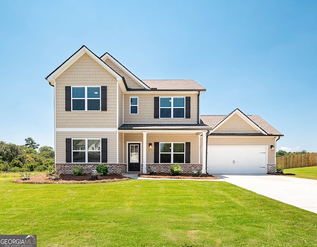 craftsman-style home with a porch, a garage, and a front yard