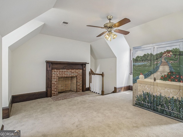 carpeted bedroom featuring vaulted ceiling and ceiling fan