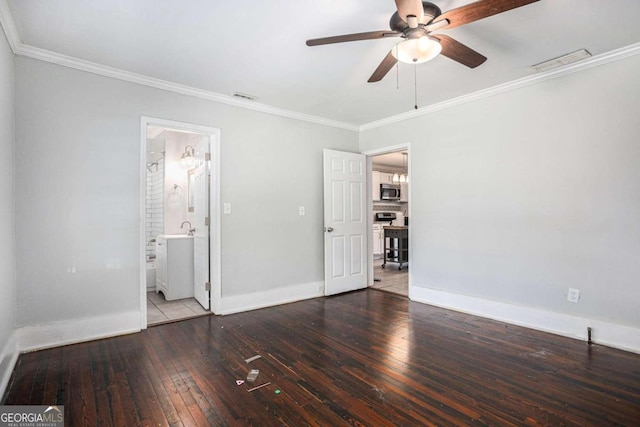 unfurnished bedroom featuring ceiling fan, ornamental molding, tile patterned floors, and connected bathroom