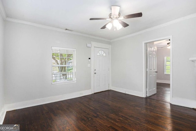 entryway featuring ornamental molding, hardwood / wood-style floors, and ceiling fan