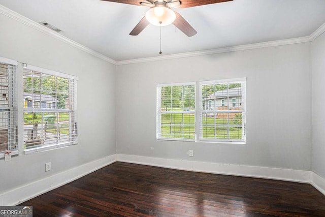 unfurnished room featuring ceiling fan, ornamental molding, and wood-type flooring