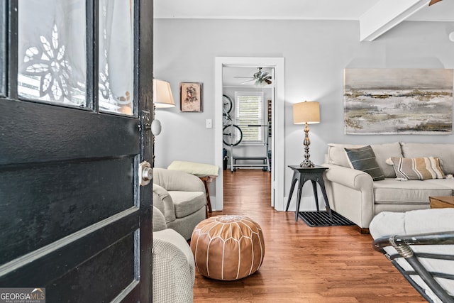 living room featuring hardwood / wood-style floors, ceiling fan, and beam ceiling