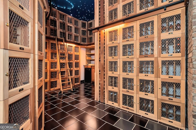 wine room with a high ceiling and dark tile patterned floors