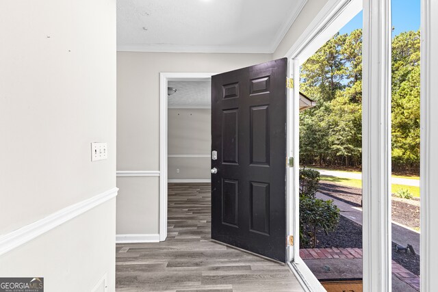 entrance foyer featuring crown molding and hardwood / wood-style floors