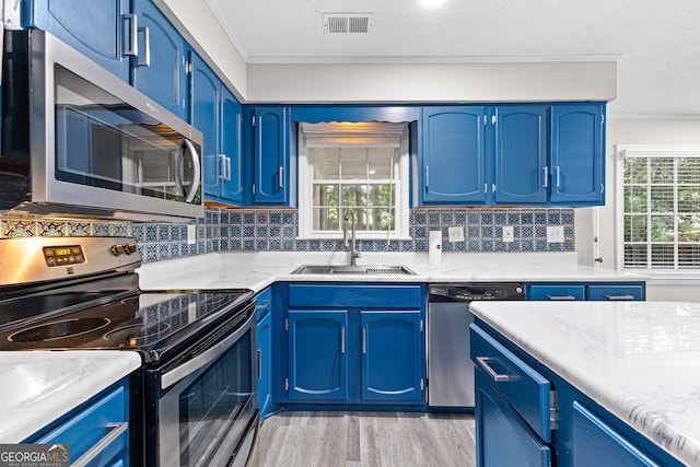 kitchen featuring sink, tasteful backsplash, blue cabinets, and stainless steel appliances