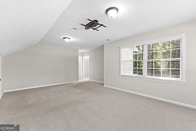 additional living space with carpet, a textured ceiling, and lofted ceiling