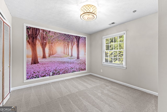 spare room with a textured ceiling and carpet floors