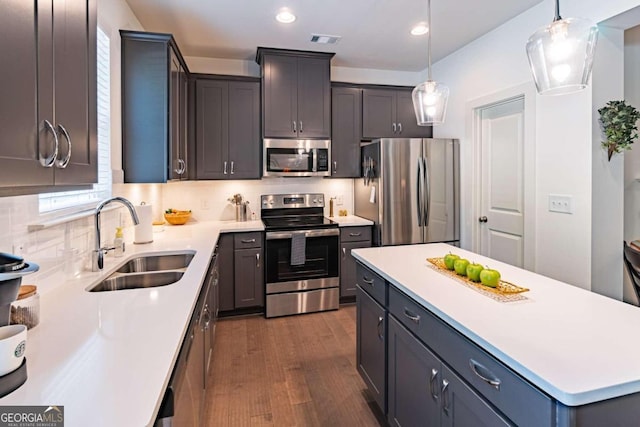 kitchen featuring tasteful backsplash, appliances with stainless steel finishes, hanging light fixtures, sink, and dark hardwood / wood-style floors