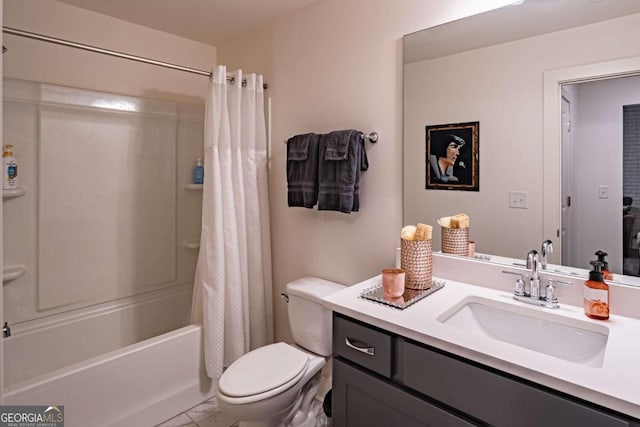 full bathroom with shower / bath combo with shower curtain, vanity, toilet, and tile patterned flooring