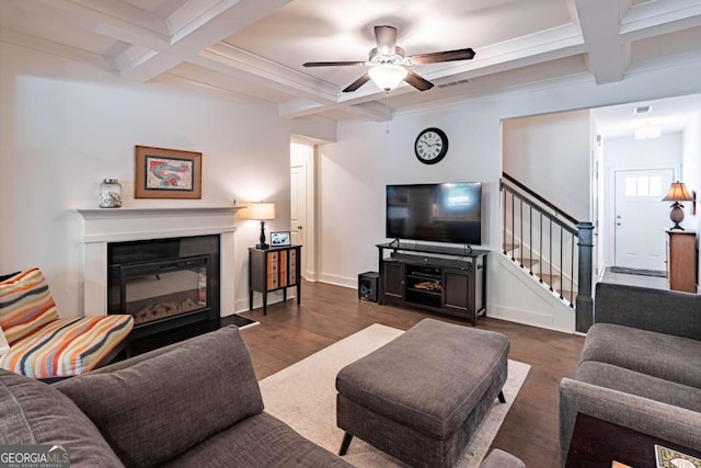 living room with beam ceiling, coffered ceiling, dark hardwood / wood-style floors, and ceiling fan