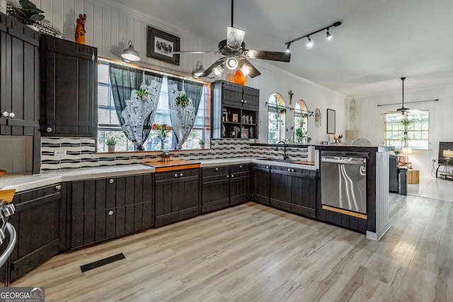 kitchen with decorative backsplash, light wood-style floors, a sink, dark brown cabinets, and dishwasher