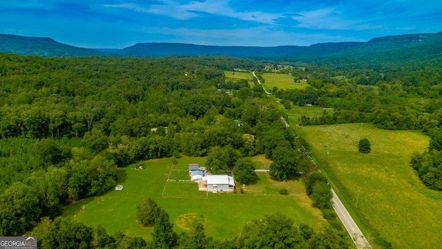 drone / aerial view featuring a forest view and a mountain view