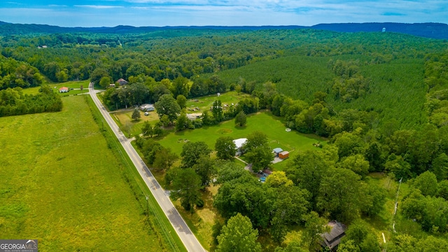 drone / aerial view with a mountain view and a view of trees