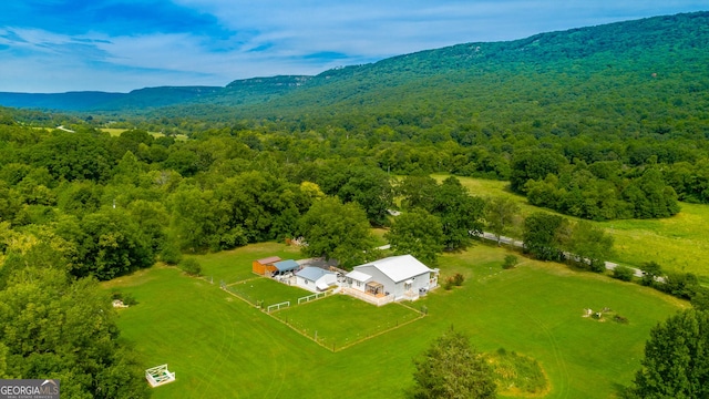 drone / aerial view featuring a mountain view and a view of trees