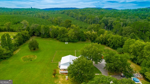 bird's eye view with a forest view and a mountain view