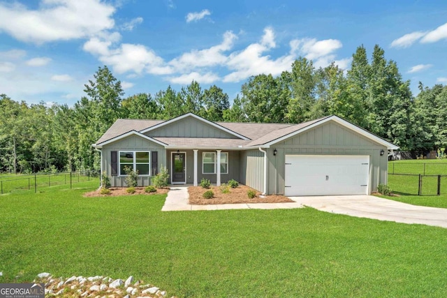 ranch-style home with a front yard and a garage