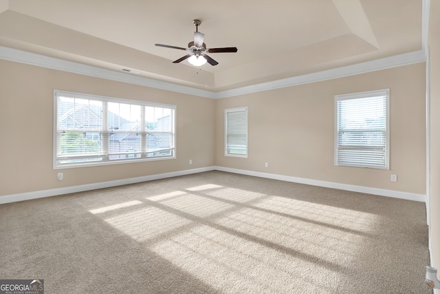 carpeted empty room with ceiling fan, crown molding, and a raised ceiling