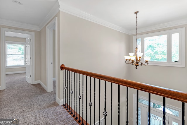 corridor featuring a notable chandelier, carpet flooring, and ornamental molding