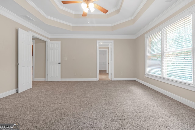 unfurnished bedroom with a spacious closet, crown molding, carpet flooring, and a tray ceiling