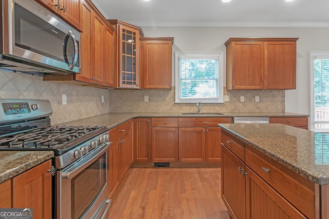 kitchen with appliances with stainless steel finishes, light wood-type flooring, sink, and a healthy amount of sunlight