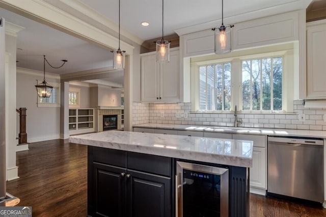 kitchen featuring stainless steel dishwasher, wine cooler, dark wood-type flooring, and tasteful backsplash