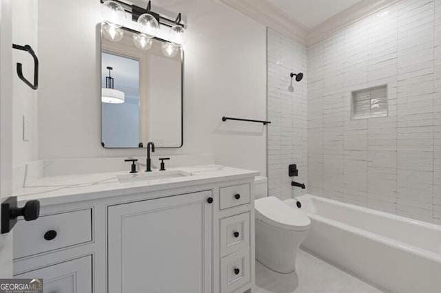 full bathroom featuring ornamental molding, tiled shower / bath combo, tile patterned flooring, vanity, and toilet