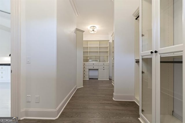 hallway with dark hardwood / wood-style floors and ornamental molding