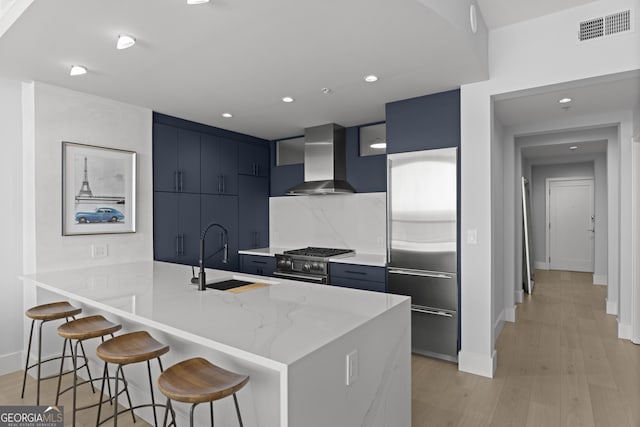 kitchen with visible vents, wall chimney range hood, high quality appliances, a kitchen bar, and a sink