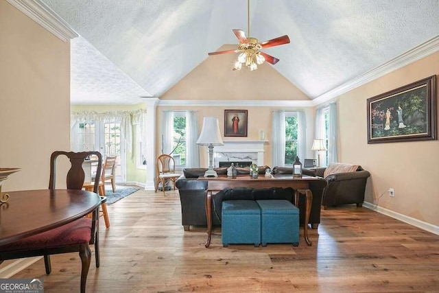 living room featuring a textured ceiling, light hardwood / wood-style flooring, plenty of natural light, and lofted ceiling