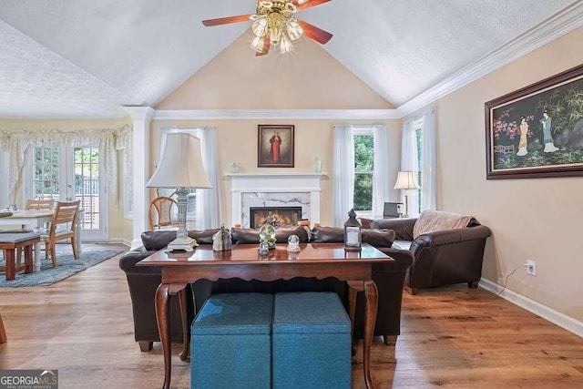 living room with light wood-type flooring, a healthy amount of sunlight, lofted ceiling, and a high end fireplace