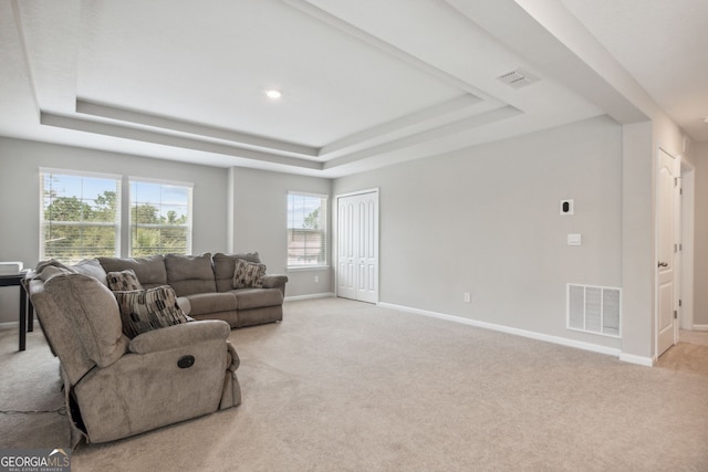 living room featuring light colored carpet and a tray ceiling