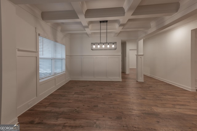 unfurnished dining area with dark hardwood / wood-style flooring, beamed ceiling, and coffered ceiling