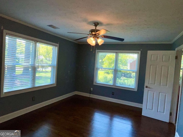 unfurnished room featuring ceiling fan, hardwood / wood-style flooring, crown molding, and a textured ceiling