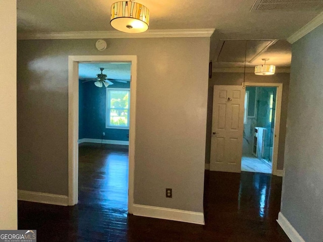 hall with ornamental molding and wood-type flooring